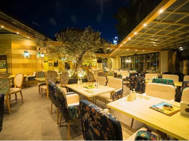 The first branch at night: tables on a covered terrace around an olive tree