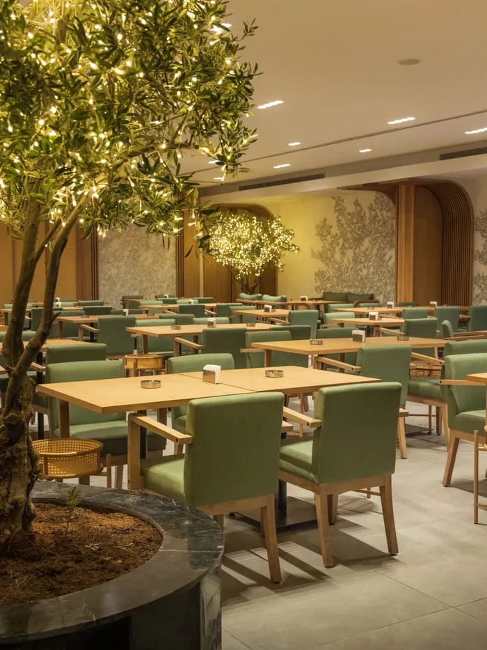 An olive tree growing through the middle of the dining room